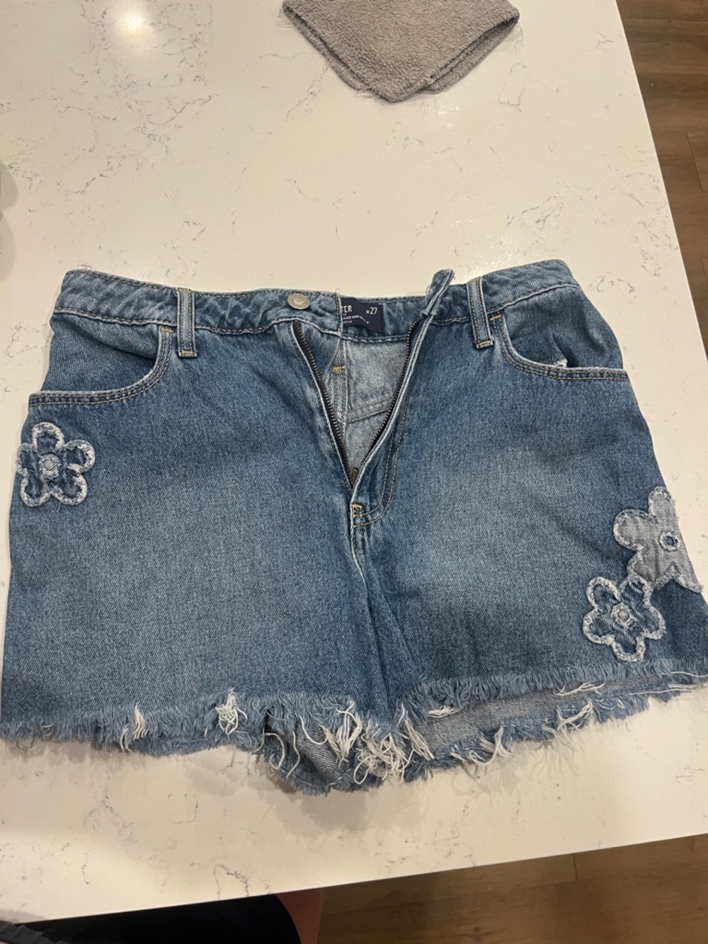 Hollister Blue Denim Floral Appliqué Frayed Hem Shorts